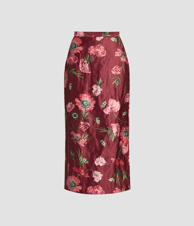 Erdem Floral-printed Satin Midi Pencil Skirt In Burgundy