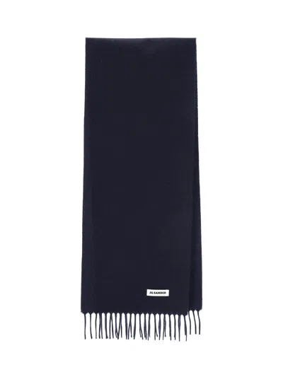 Jil Sander Rectangular Dark Scarf With Fringed Edges In Black