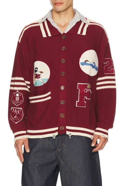 Found Varsity Patch Collared Cardigan In Red