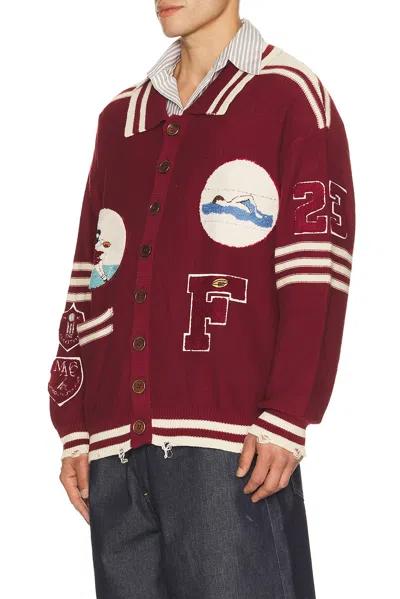 Found Varsity Patch Collared Cardigan In Red