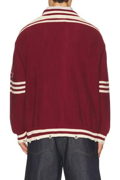 Found Varsity Patch Collared Cardigan In Red