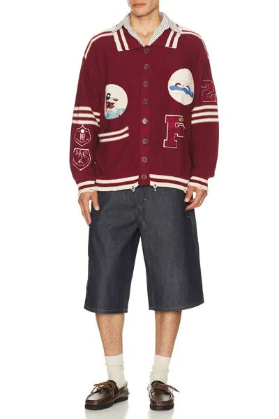 Found Varsity Patch Collared Cardigan In Red