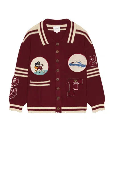Found Varsity Patch Collared Cardigan In Red