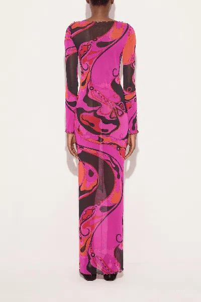 Pucci Orchidee-print Tulle Dress In Fuchsia Black In Pink
