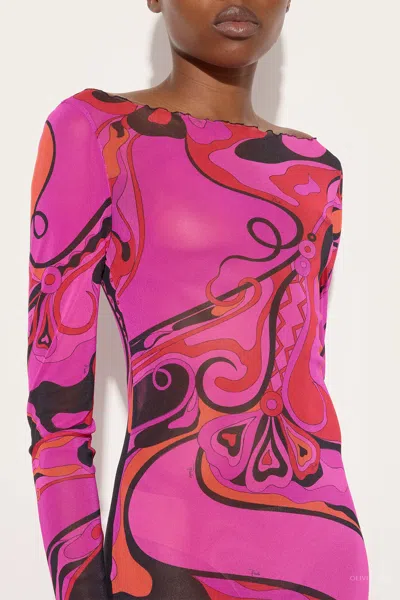 Pucci Orchidee-print Tulle Dress In Fuchsia Black In Pink