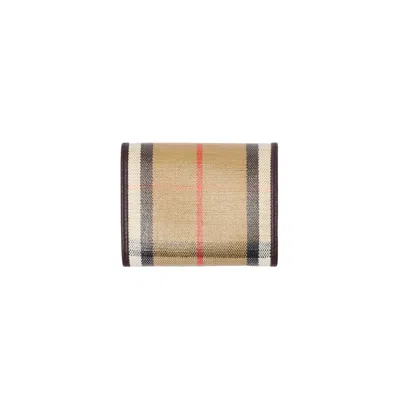 Burberry Compact Wallet With Leather Inserts In Check Pattern In Brown