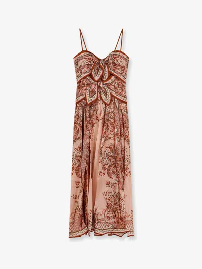 Zimmermann Womens Pink Paisley Floral Aster Scar Silk Midi Dress Xl In Brown