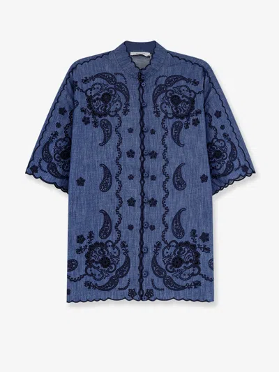 Zimmermann Aster Denim Shirt With All-over Contrasting Embroidery In Blue