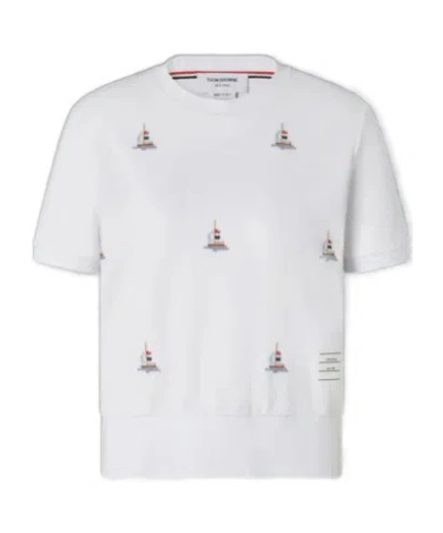 Thom Browne Short Sleeve Sailboat Embroidered Tee In White