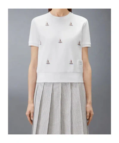 Thom Browne Short Sleeve Sailboat Embroidered Tee In White