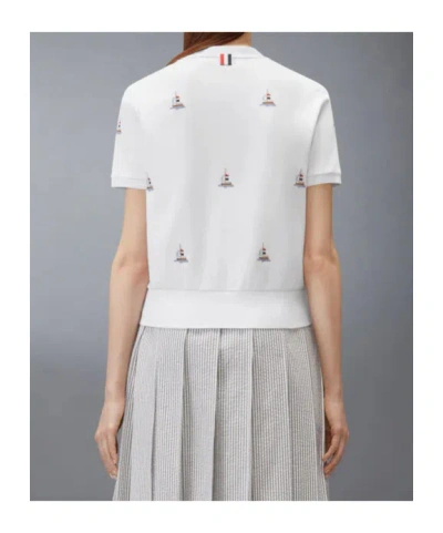 Thom Browne Short Sleeve Sailboat Embroidered Tee In White