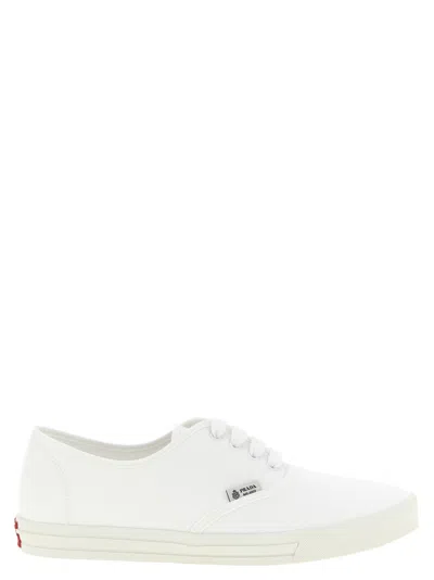 Prada Drill Fabric Low Top Lace Up Sneakers In White