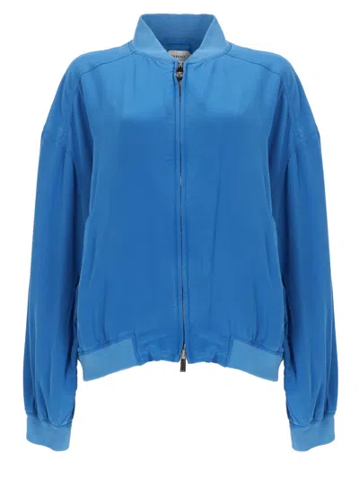 Versace Blouson Con Zip In Popeline Di Seta In Blue