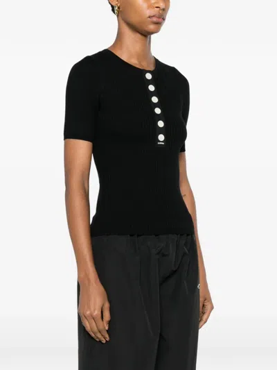 Sandro Ribbed-knit Button-placket Top In Black