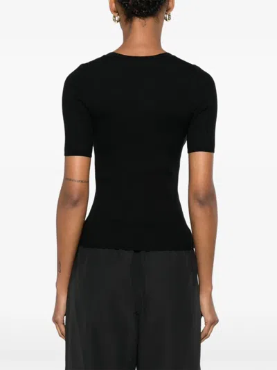 Sandro Ribbed-knit Button-placket Top In Black