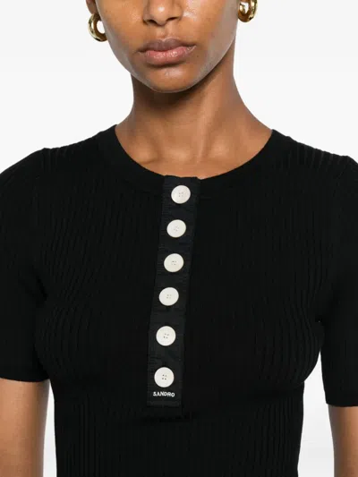 Sandro Ribbed-knit Button-placket Top In Black