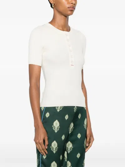 Sandro Ribbed-knit Button-placket Top In Neutral