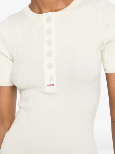 Sandro Ribbed-knit Button-placket Top In Neutral