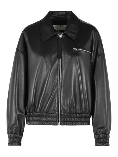 Jil Sander Leather Bomber Jacket Collared Pockets Elasticated Hem In Black
