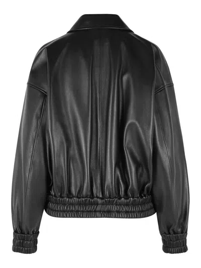 Jil Sander Leather Bomber Jacket Collared Pockets Elasticated Hem In Black