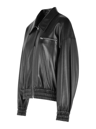 Jil Sander Leather Bomber Jacket Collared Pockets Elasticated Hem In Black