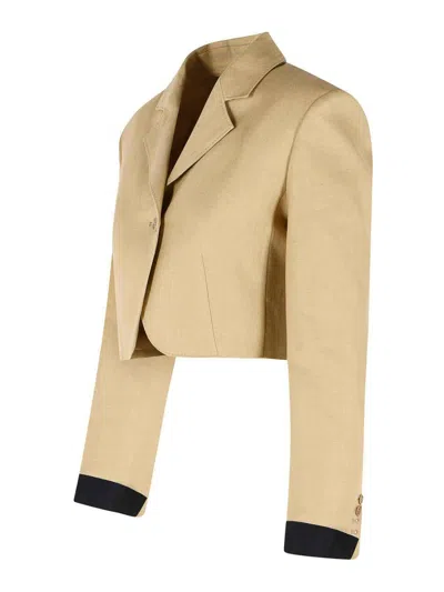 Max Mara Buono Diagonal Cropped Jacket In Camel Linen In Blue