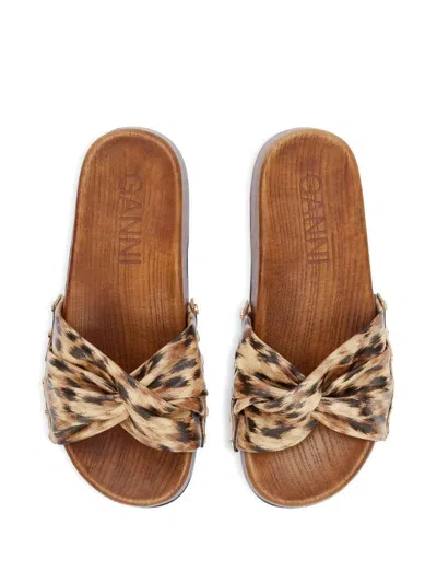 Ganni Twisted-detail Leopard-print Sandals In Animal Print