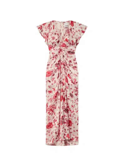 Isabel Marant Lindsay Floral Ruched Jacquard Midi Dress In Purple