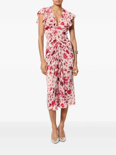 Isabel Marant Lindsay Floral Ruched Jacquard Midi Dress In Purple