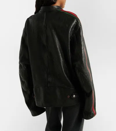 Gucci Web Stripe Leather Biker Jacket In Black