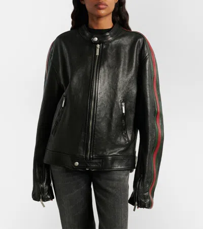 Gucci Web Stripe Leather Biker Jacket In Black