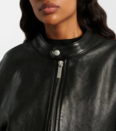 Gucci Web Stripe Leather Biker Jacket In Black
