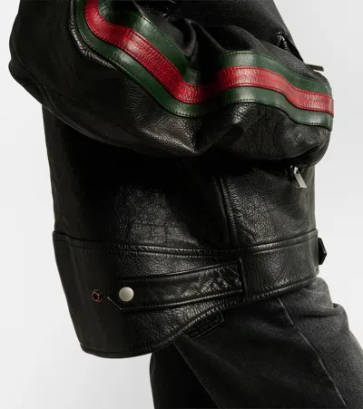 Gucci Web Stripe Leather Biker Jacket In Black