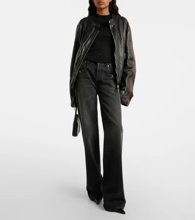Gucci Web Stripe Leather Biker Jacket In Black