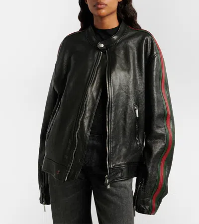 Gucci Web Stripe Leather Biker Jacket In Black