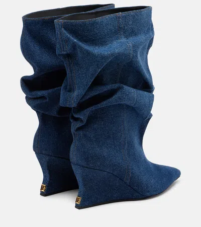 Balmain Scrunched Denim Wedge Ankle Boots In Blue