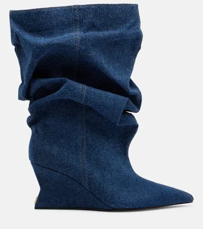 Balmain Scrunched Denim Wedge Ankle Boots In Blue