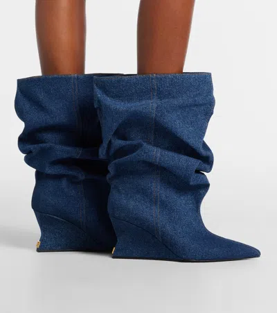Balmain Scrunched Denim Wedge Ankle Boots In Blue