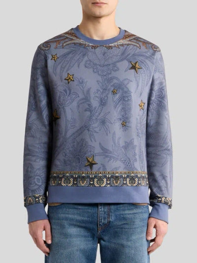 Etro Cotton-blend Sweatshirt With Placed Pegaso-print In Blue