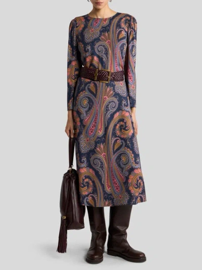 Etro Crepe Midi Dress With Paisley Motif In Brown