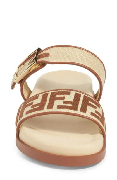 Fendi Feel Beige Raffia-effect Material Slides In Brown