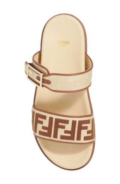 Fendi Feel Beige Raffia-effect Material Slides In Brown