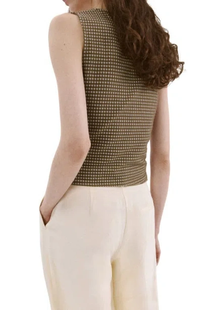 Mango Micro Check Ruched Cotton Blend Top In Brown