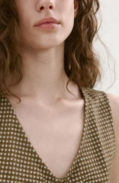 Mango Micro Check Ruched Cotton Blend Top In Brown