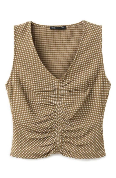 Mango Micro Check Ruched Cotton Blend Top In Brown