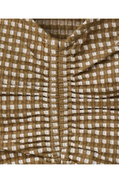 Mango Micro Check Ruched Cotton Blend Top In Brown