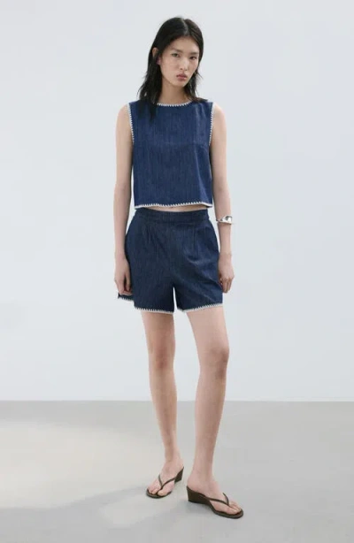 Mango Pleated Pull-on Denim Shorts In Blue
