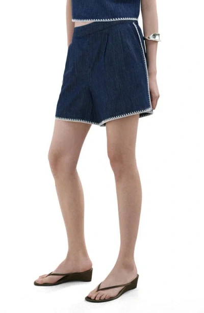 Mango Pleated Pull-on Denim Shorts In Blue