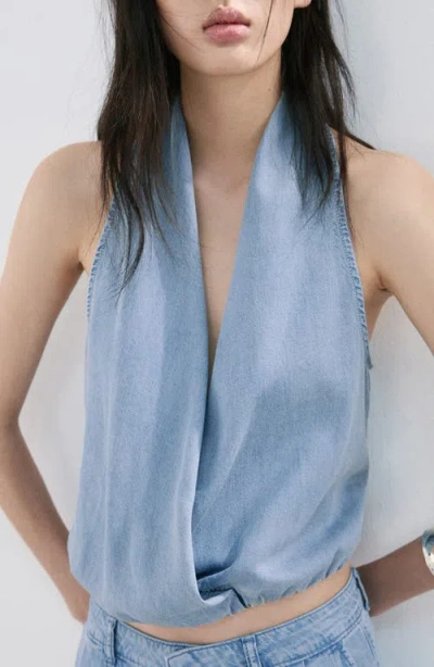 Mango Drape Plunge Neck Top In Blue