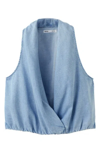 Mango Drape Plunge Neck Top In Blue